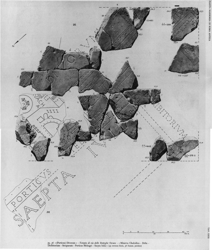 Fragmete des Marmorplans Forma Urbis, 3. Jhd. im Bereich des Isuem Campense